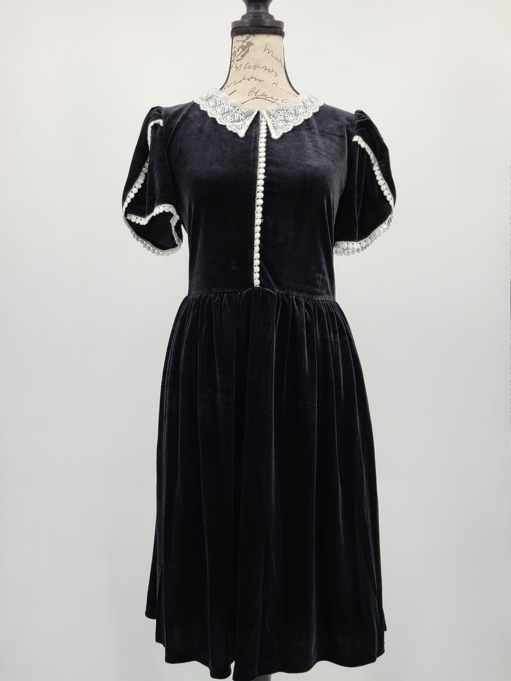 Modcloth Black Velvet Midi Dress with White Lace Trim Size 16 - Picture 4 of 14